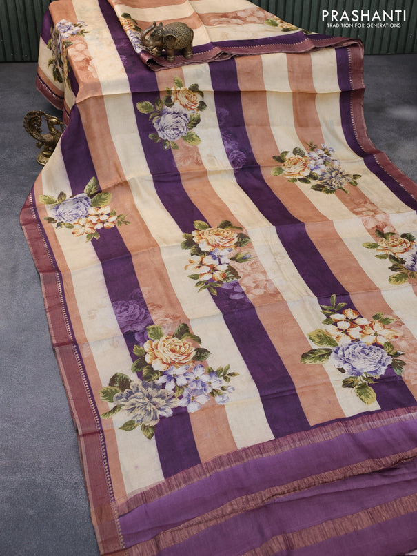 Pure tussar silk saree multi colour and deep jamun shade with allover floral prints and zari woven border