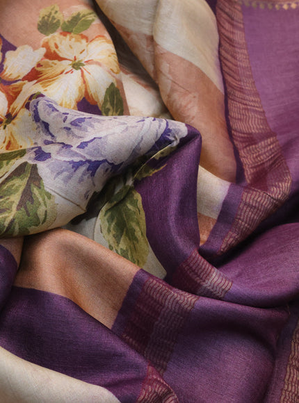 Pure tussar silk saree multi colour and deep jamun shade with allover floral prints and zari woven border