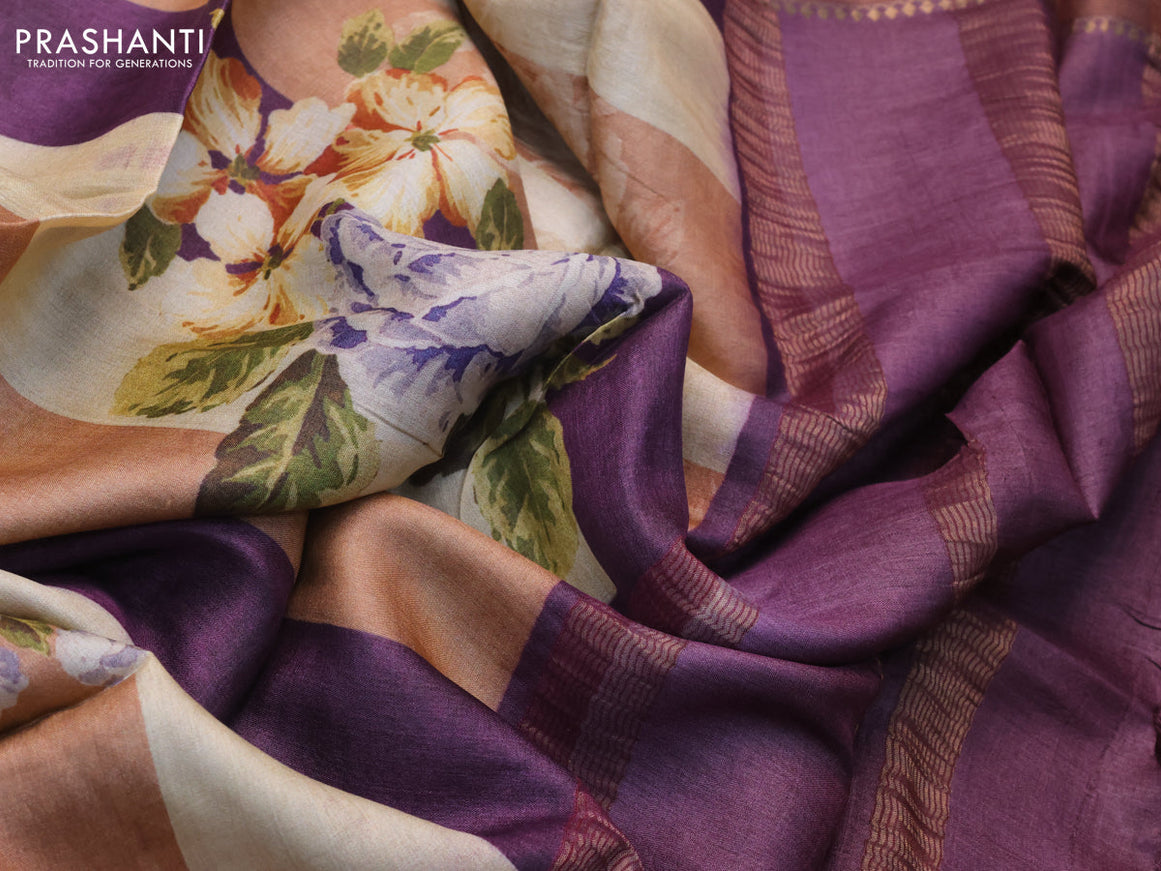 Pure tussar silk saree multi colour and deep jamun shade with allover floral prints and zari woven border