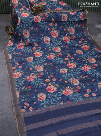 Pure tussar silk saree peacock blue with allover floral prints and zari woven border