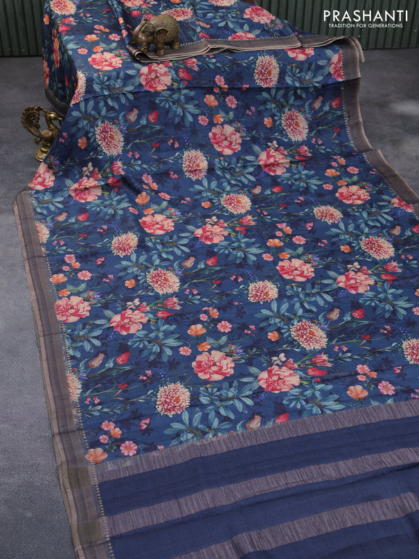 Pure tussar silk saree peacock blue with allover floral prints and zari woven border