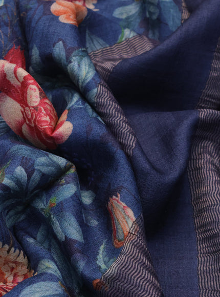 Pure tussar silk saree peacock blue with allover floral prints and zari woven border