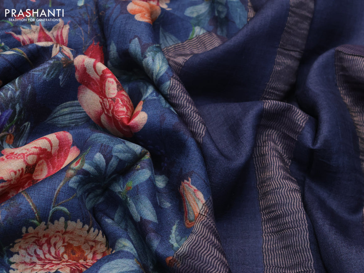 Pure tussar silk saree peacock blue with allover floral prints and zari woven border