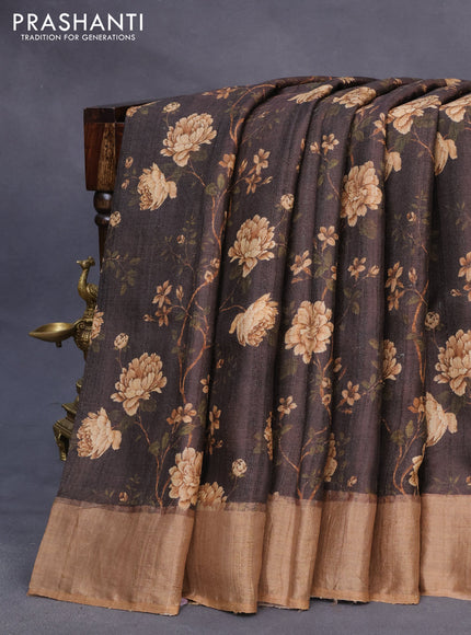 Pure tussar silk saree deep brown with allover floral prints and zari woven border