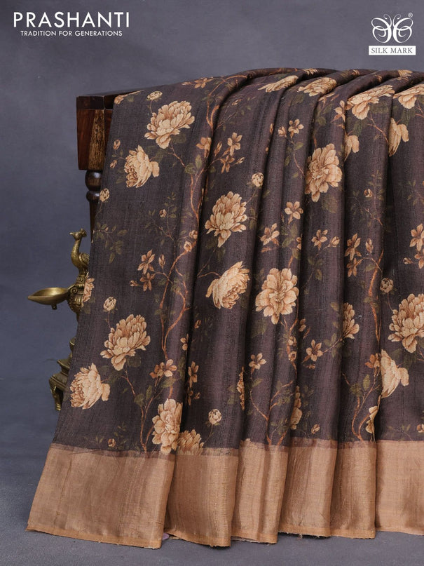 Pure tussar silk saree deep brown with allover floral prints and zari woven border