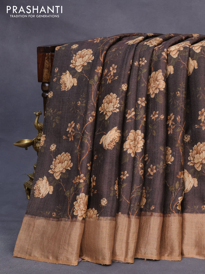 Pure tussar silk saree deep brown with allover floral prints and zari woven border