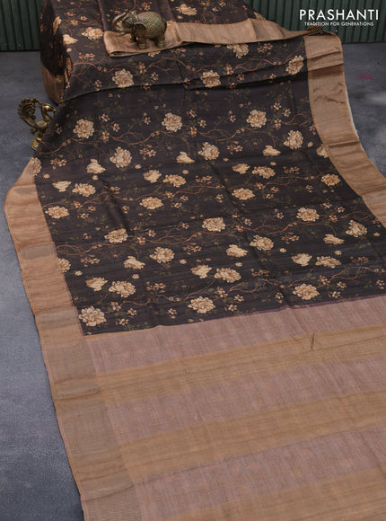 Pure tussar silk saree deep brown with allover floral prints and zari woven border