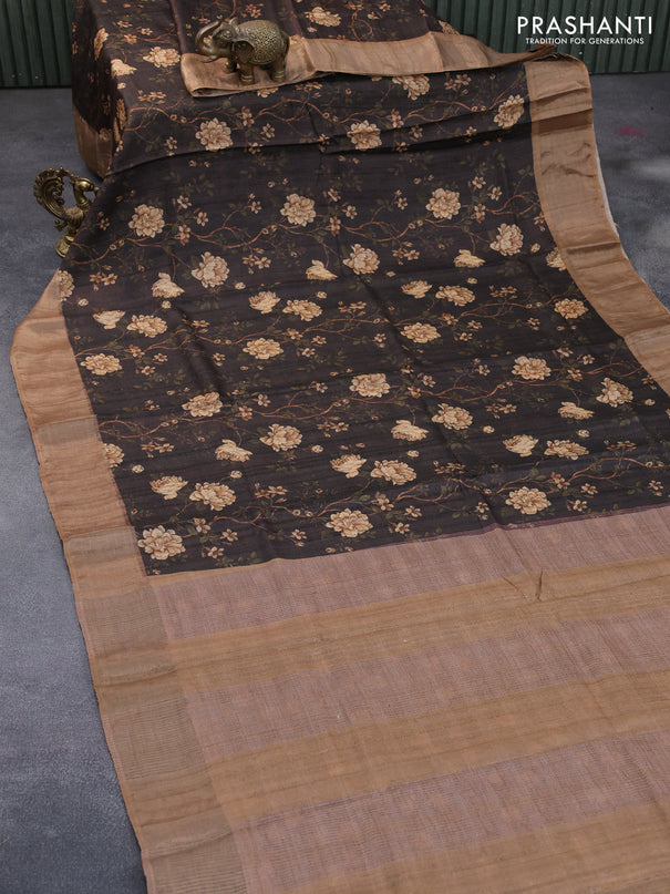 Pure tussar silk saree deep brown with allover floral prints and zari woven border