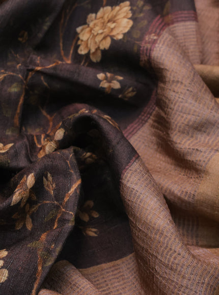 Pure tussar silk saree deep brown with allover floral prints and zari woven border