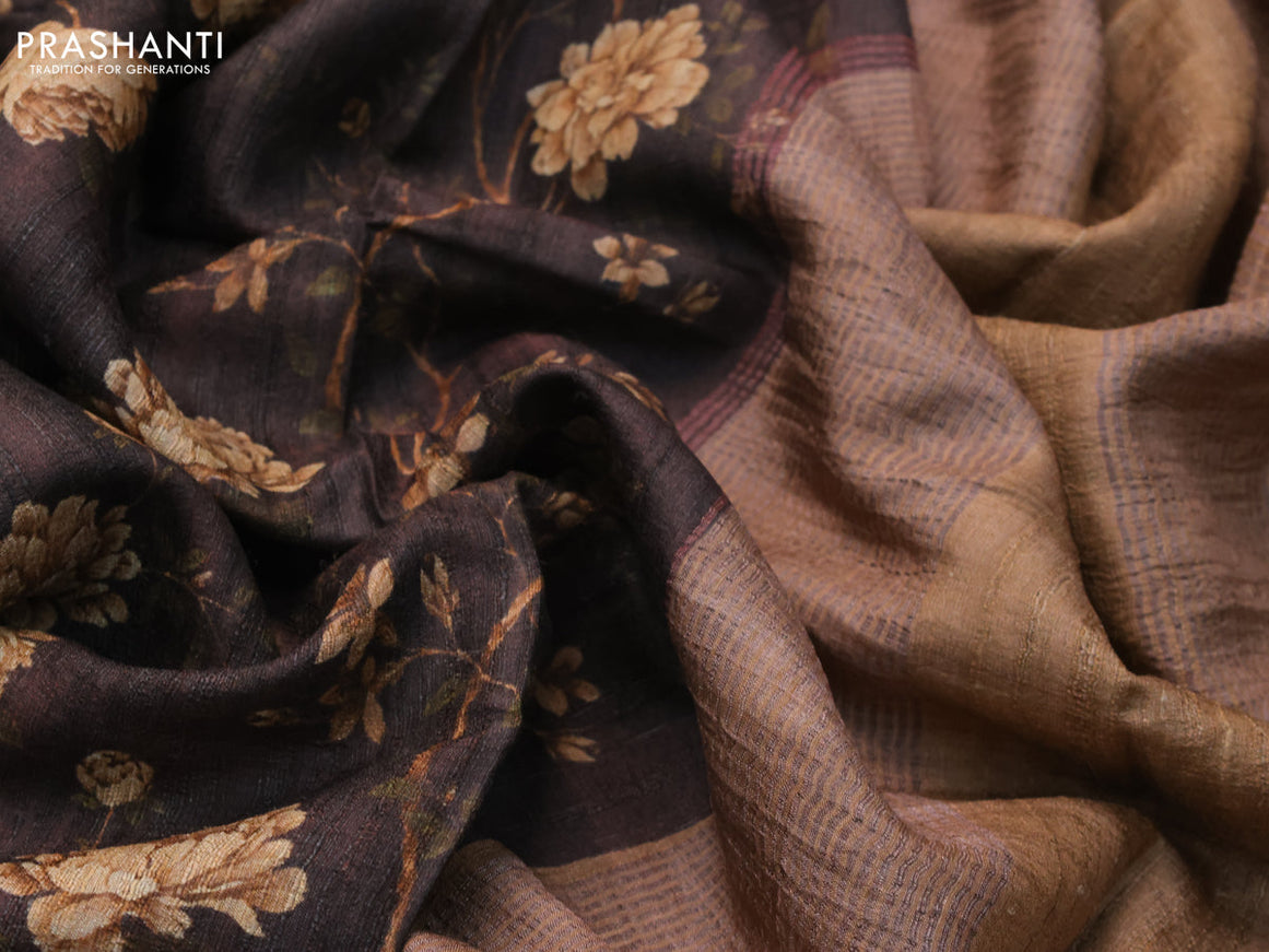 Pure tussar silk saree deep brown with allover floral prints and zari woven border