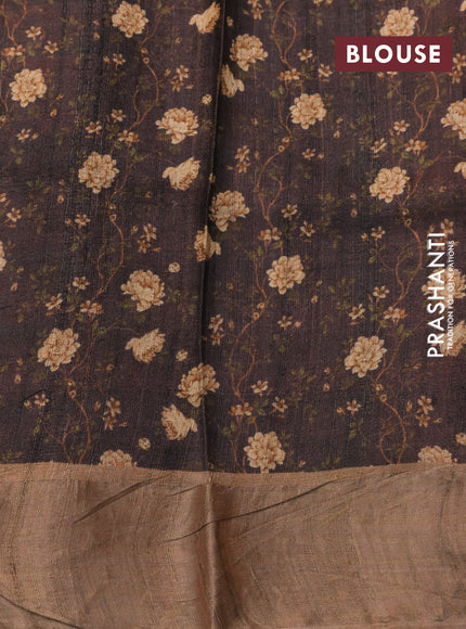 Pure tussar silk saree deep brown with allover floral prints and zari woven border