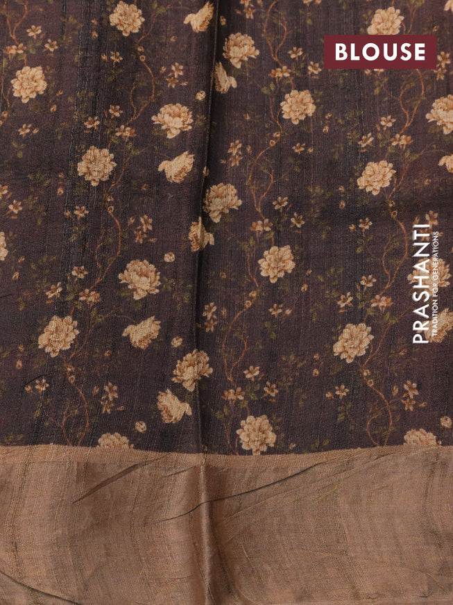 Pure tussar silk saree deep brown with allover floral prints and zari woven border