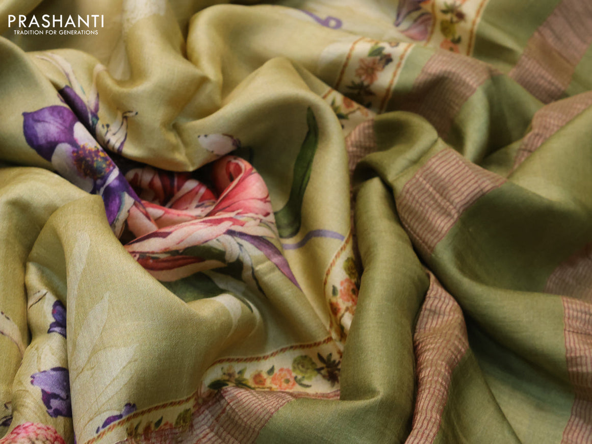 Pure tussar silk saree pista green and maroon with allover floral prints and simple border