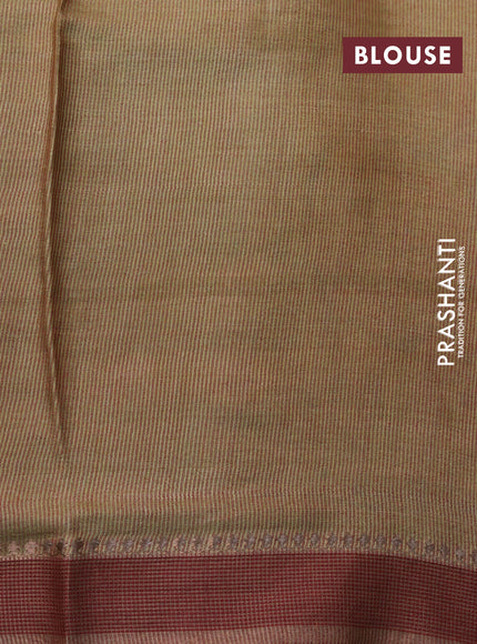 Pure tussar silk saree pista green and maroon with allover floral prints and simple border