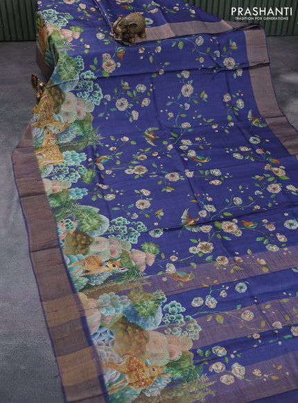 Pure tussar silk saree blue with allover prints and zari woven border