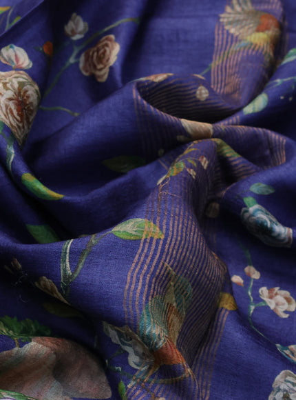 Pure tussar silk saree blue with allover prints and zari woven border