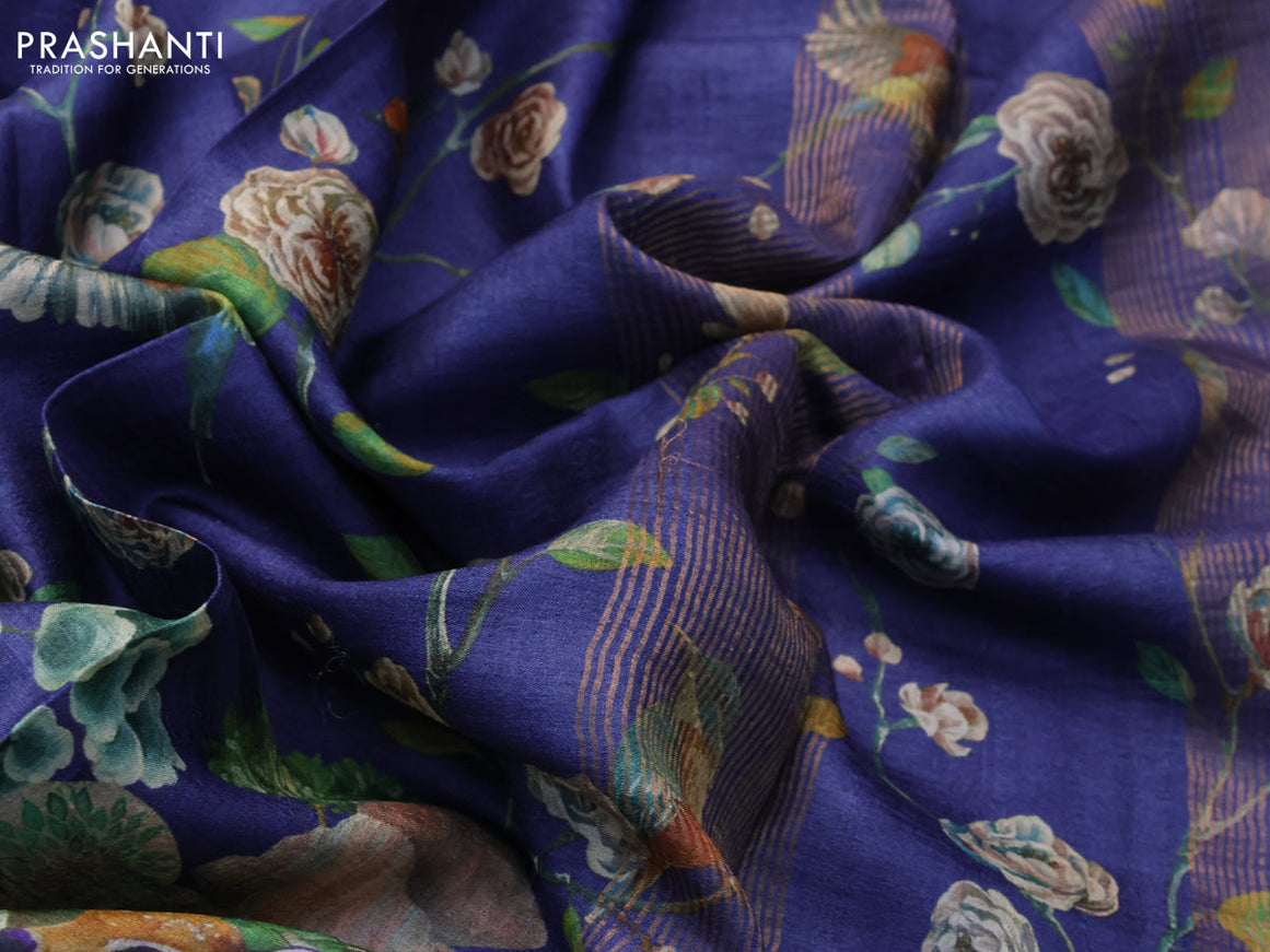 Pure tussar silk saree blue with allover prints and zari woven border