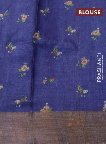 Pure tussar silk saree blue with allover prints and zari woven border