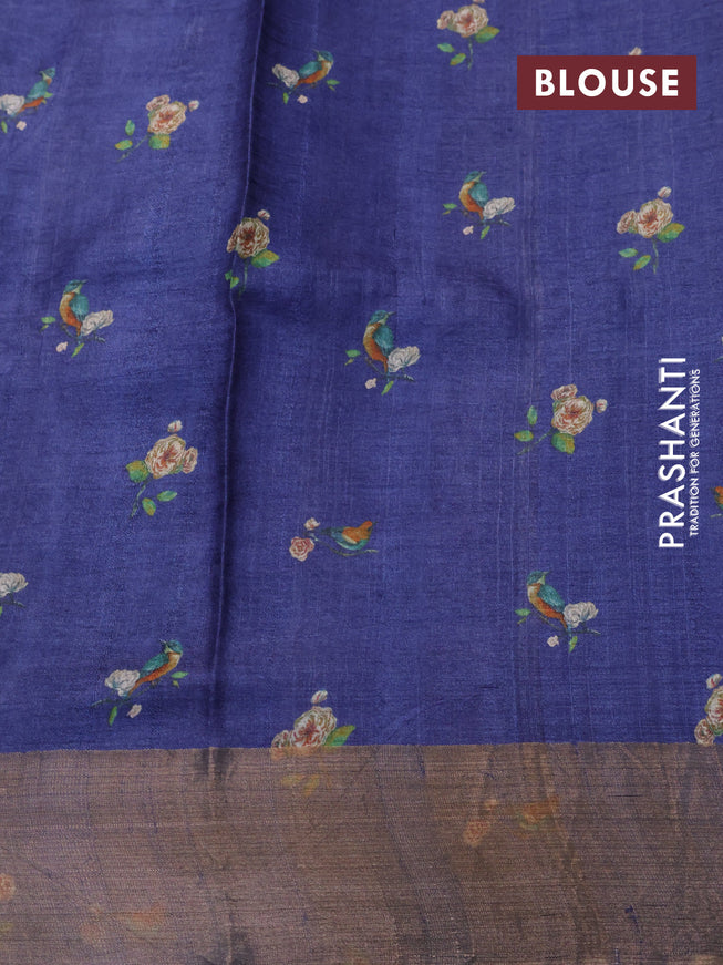 Pure tussar silk saree blue with allover prints and zari woven border