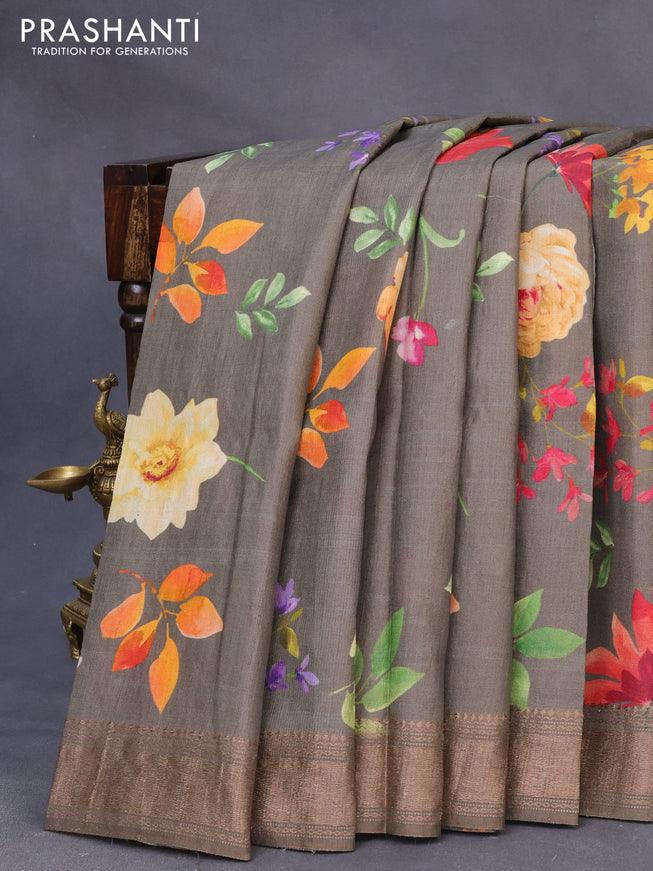 Pure tussar silk saree grey shade with allover floral prints and zari woven border