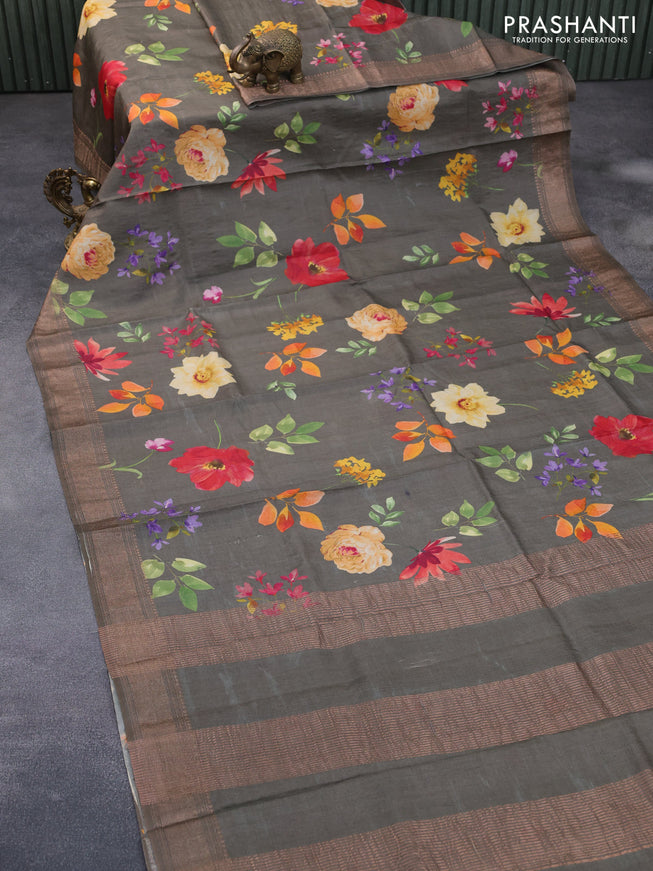 Pure tussar silk saree grey shade with allover floral prints and zari woven border