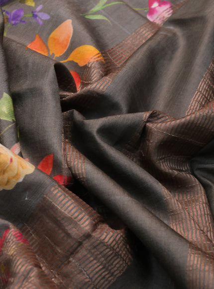 Pure tussar silk saree grey shade with allover floral prints and zari woven border