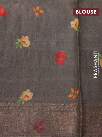 Pure tussar silk saree grey shade with allover floral prints and zari woven border