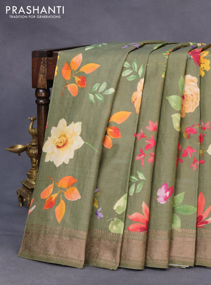 Pure tussar silk saree sap green shade with allover floral prints and zari woven border