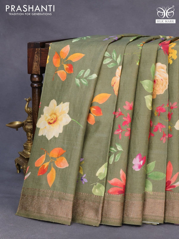 Pure tussar silk saree sap green shade with allover floral prints and zari woven border