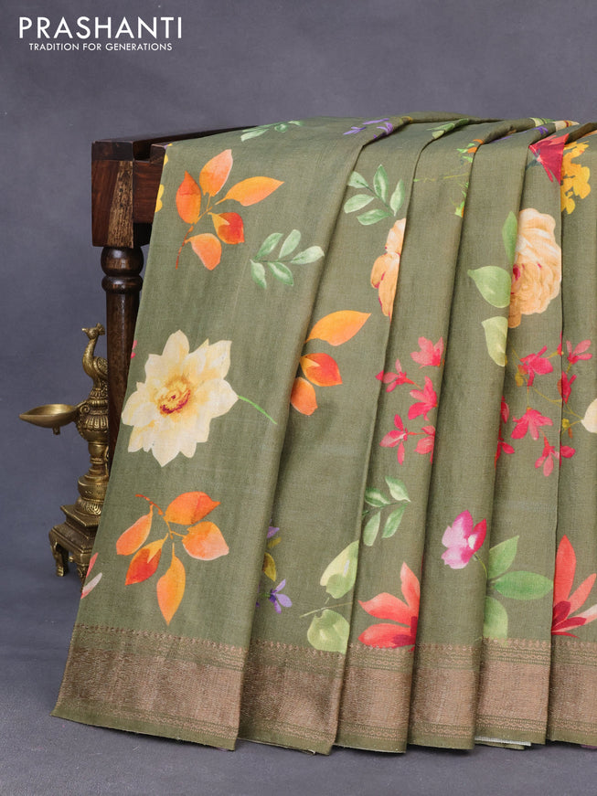 Pure tussar silk saree sap green shade with allover floral prints and zari woven border