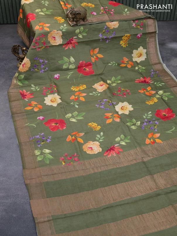 Pure tussar silk saree sap green shade with allover floral prints and zari woven border