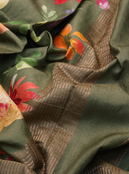 Pure tussar silk saree sap green shade with allover floral prints and zari woven border