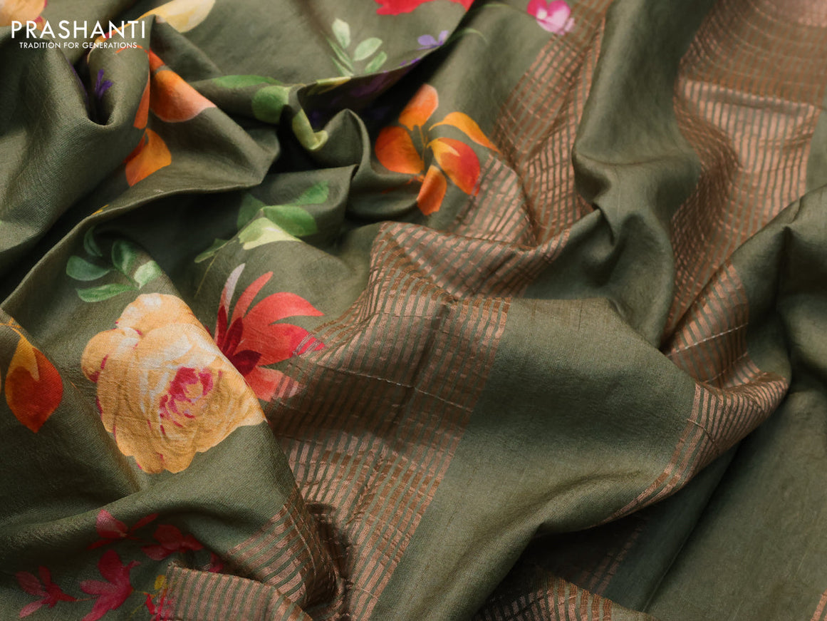 Pure tussar silk saree sap green shade with allover floral prints and zari woven border