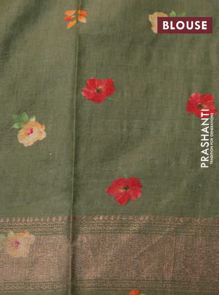 Pure tussar silk saree sap green shade with allover floral prints and zari woven border