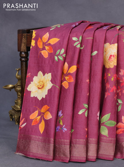 Pure tussar silk saree dark magenta pink with allover floral prints and zari woven border