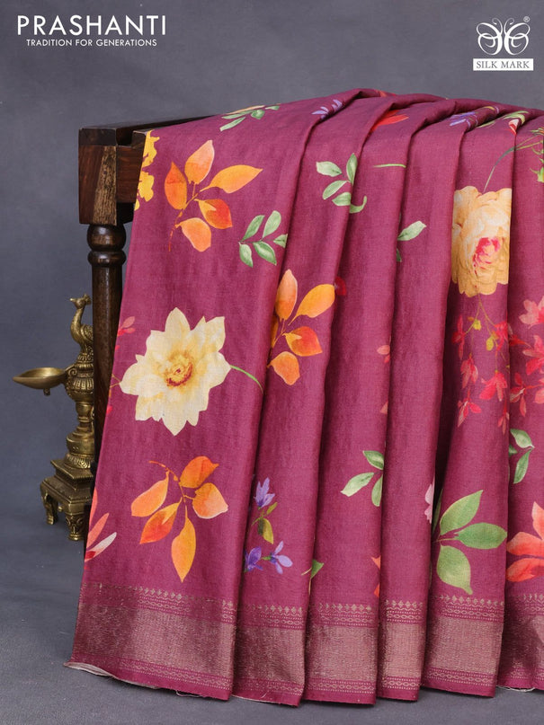 Pure tussar silk saree dark magenta pink with allover floral prints and zari woven border