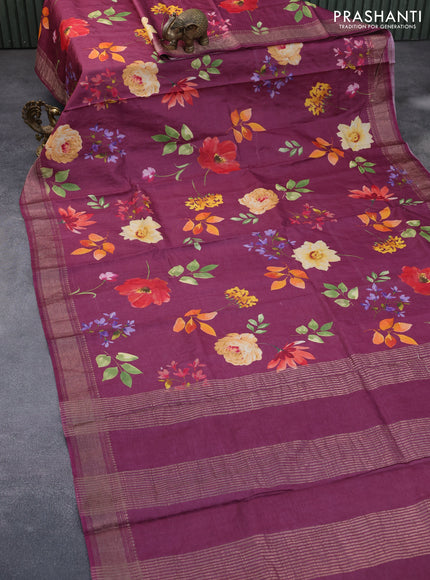 Pure tussar silk saree dark magenta pink with allover floral prints and zari woven border