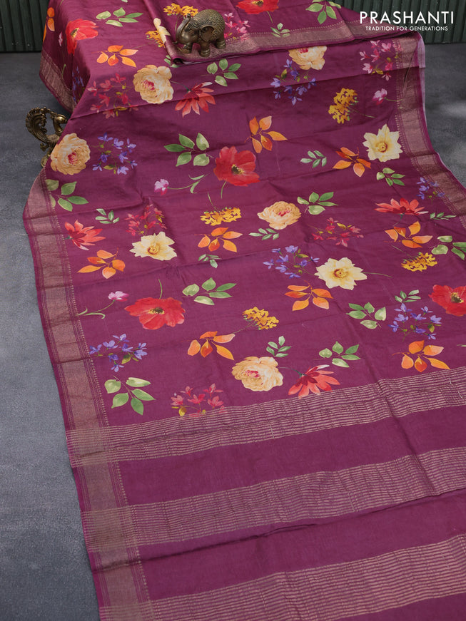 Pure tussar silk saree dark magenta pink with allover floral prints and zari woven border