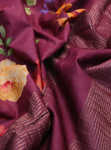 Pure tussar silk saree dark magenta pink with allover floral prints and zari woven border