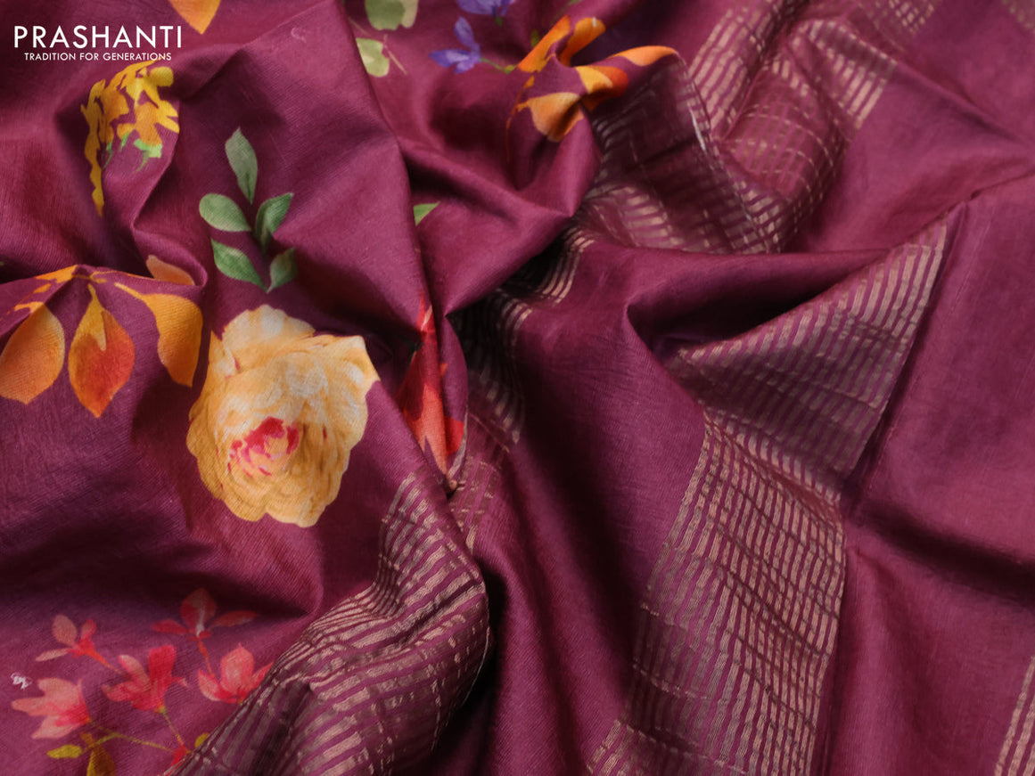 Pure tussar silk saree dark magenta pink with allover floral prints and zari woven border