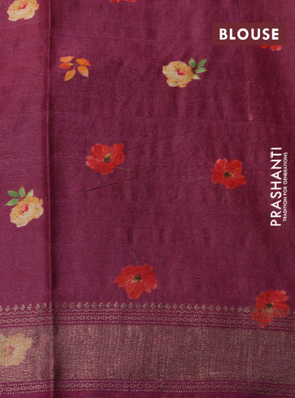 Pure tussar silk saree dark magenta pink with allover floral prints and zari woven border