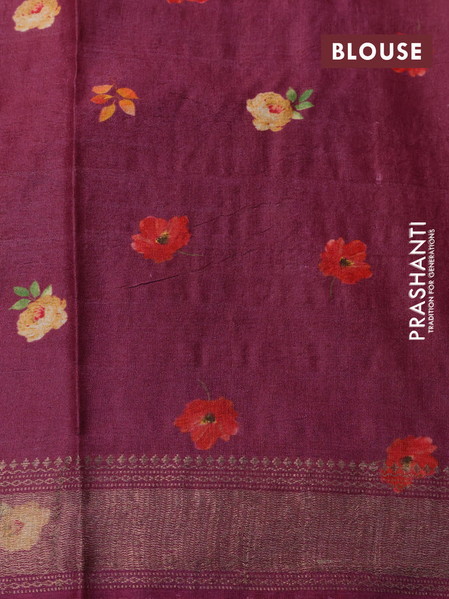 Pure tussar silk saree dark magenta pink with allover floral prints and zari woven border