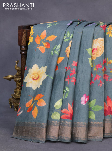 Pure tussar silk saree greyish blue with allover floral prints and zari woven border