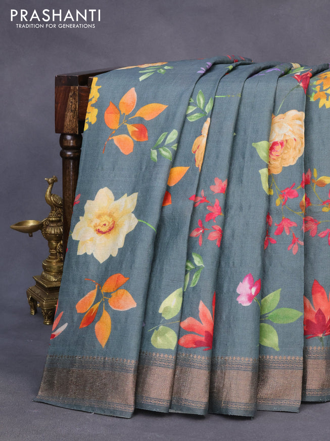 Pure tussar silk saree greyish blue with allover floral prints and zari woven border