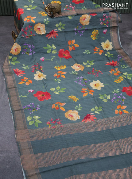 Pure tussar silk saree greyish blue with allover floral prints and zari woven border