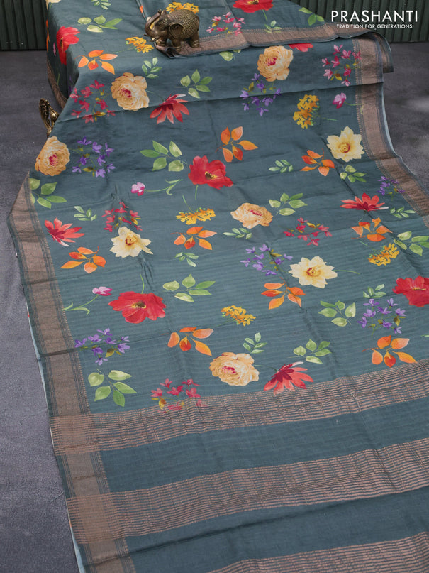 Pure tussar silk saree greyish blue with allover floral prints and zari woven border