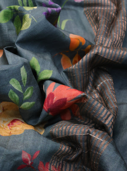 Pure tussar silk saree greyish blue with allover floral prints and zari woven border