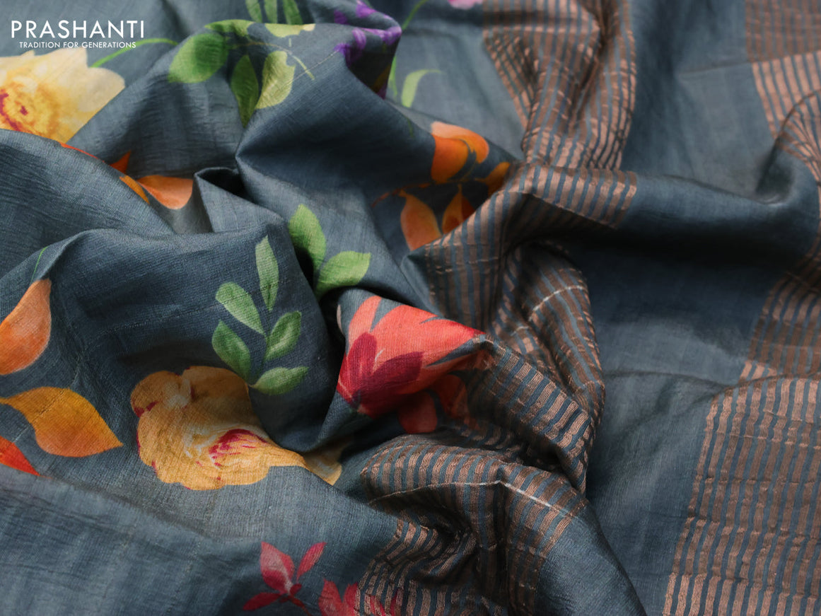 Pure tussar silk saree greyish blue with allover floral prints and zari woven border