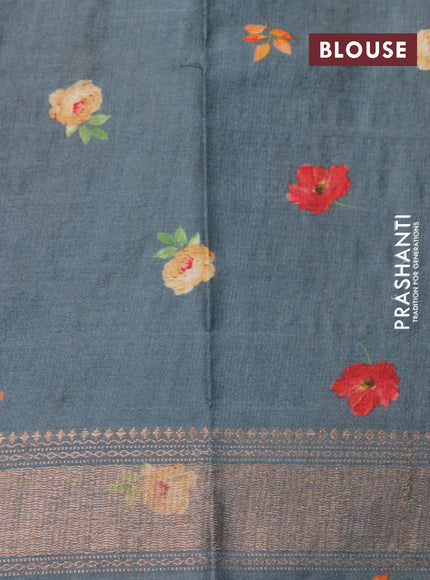 Pure tussar silk saree greyish blue with allover floral prints and zari woven border