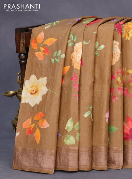 Pure tussar silk saree dark mustard with allover floral prints and zari woven border